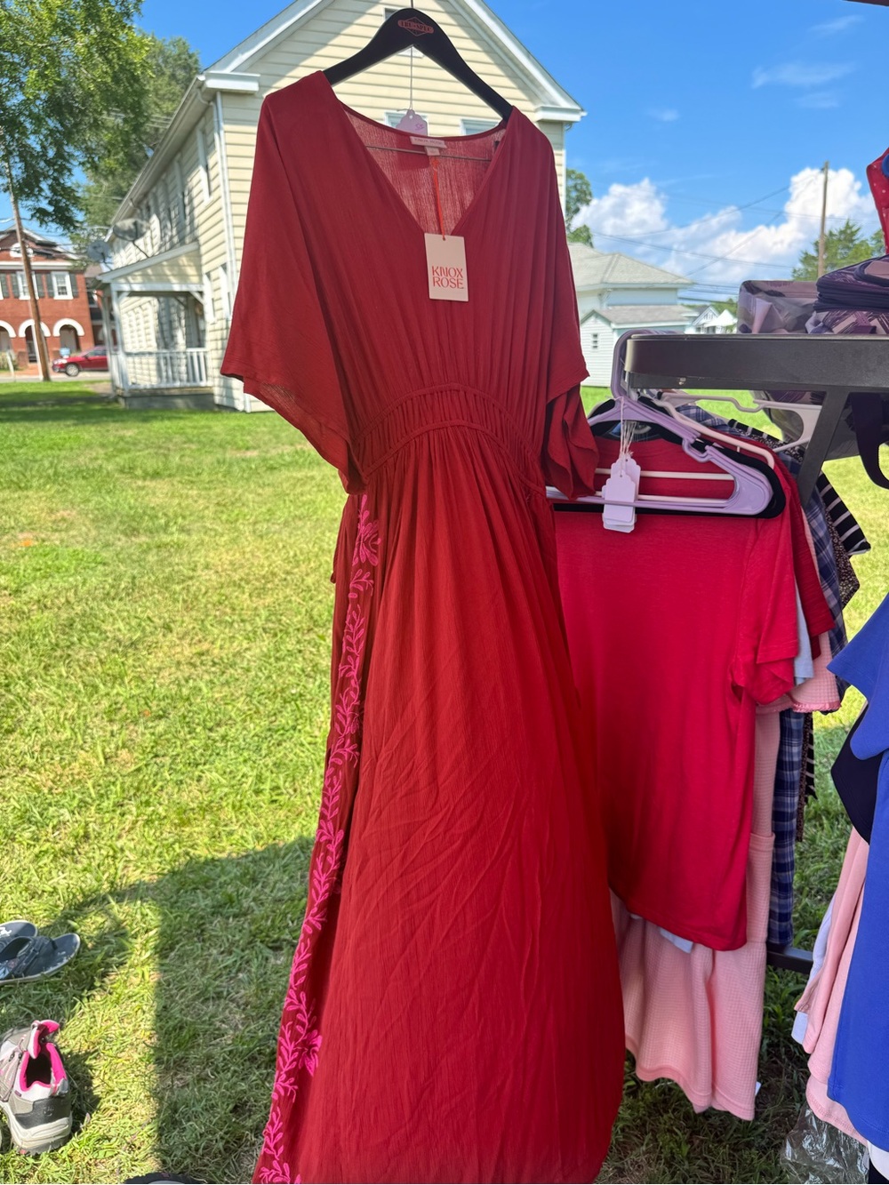 Knox Rose Deep Red Girls' Maxi Dress with Pink Embroidery